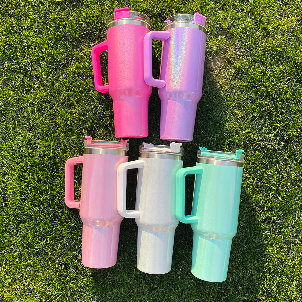 USA Warehouse H1.0 40oz Sublimation Blanks White Colorful Rainbow Shimmer Glitter Travel Mug Tumbler With Handle -40JBSCHQA-USLCA