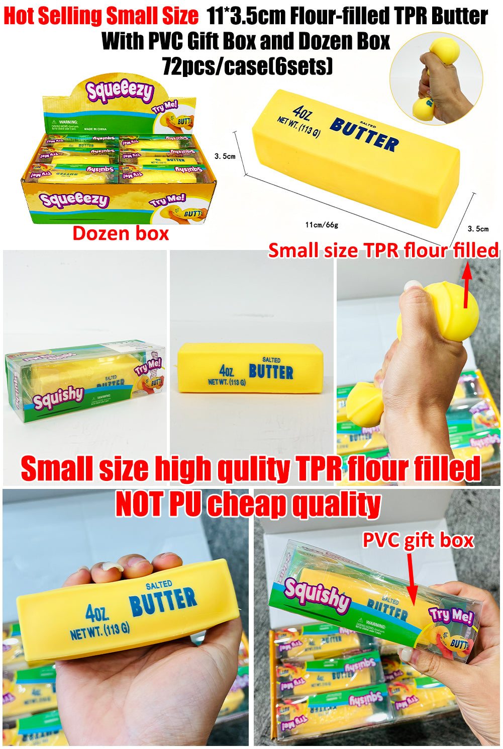 72 Pack Small Size 11cm Flour-filled TPR Yellow Butter Bar Squishy Ultra Soft Stress Relief Fidget Toy for Kids Adults with Gift Box-CNLCA