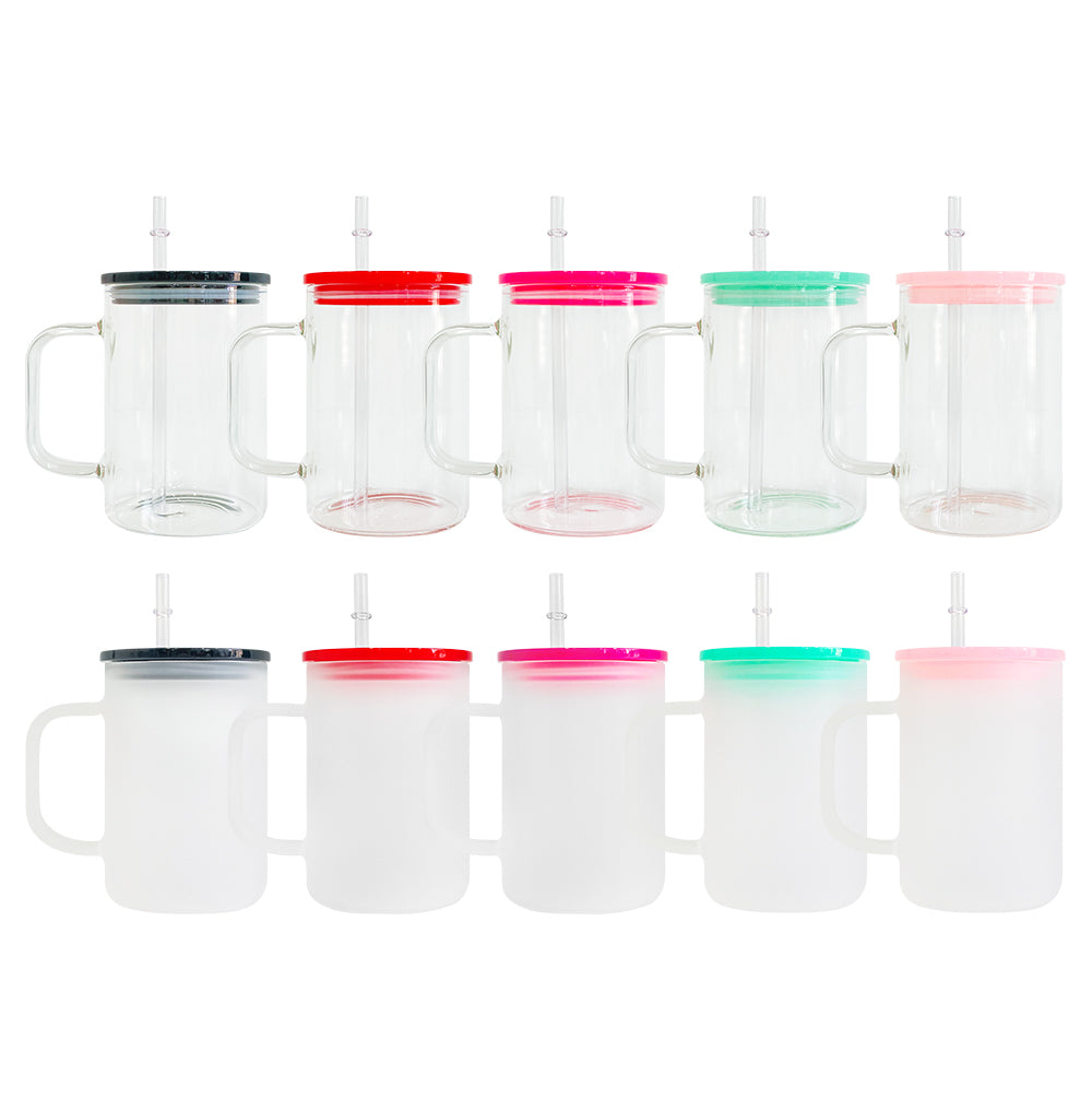 17oz Clear Frosted Blank Sublimation Glass Mugs With Colorful Plastic Lid -CNLCA