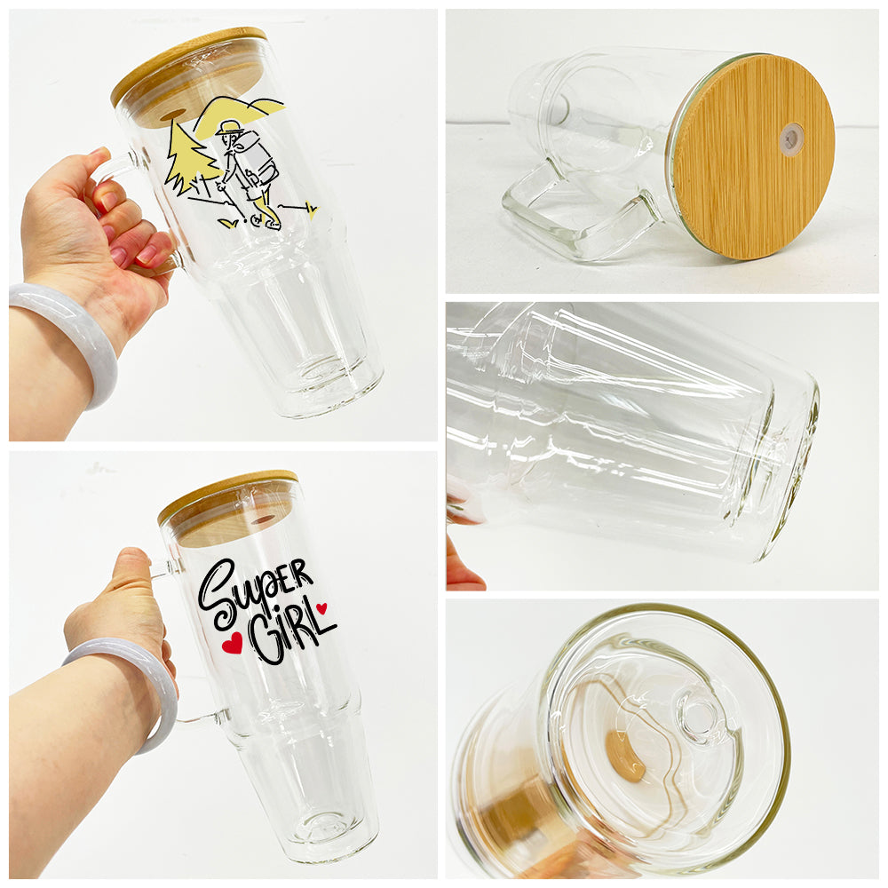 32oz 40oz Clear Double Wall Pre Drilled Snow Globe Glass Tumbler Cup Mug with Handle-CNLCA