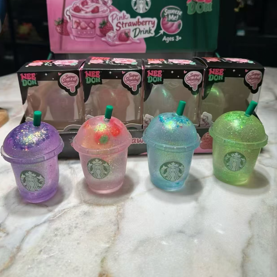 NeeDoh Starbucks Style Co-branded Glitter Sparkle Coffee Cup Shape Squishy Toy Maltose Mini Milk Tea Boba Cup Squeeze Fidget Sensory Toy for Kids Adults-CNLCA