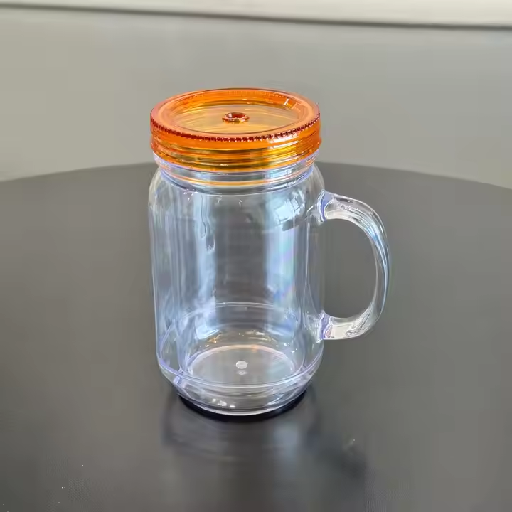 20oz Colorful Lid Double Wall Snow Globe Plastic Mason Jar With Pre-drilled Hole & Plug-CNLCA