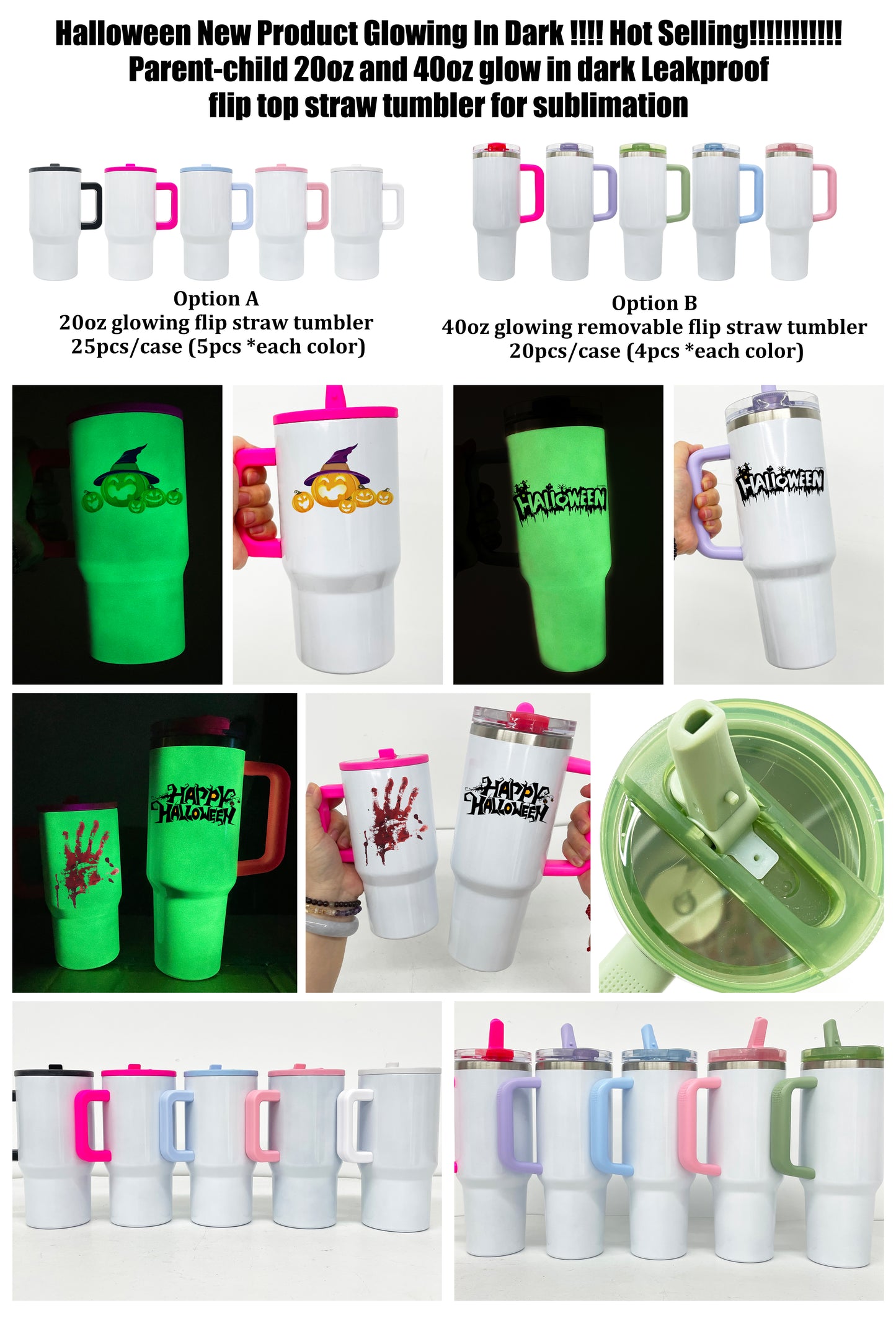 40oz White Blank Sublimation Glow In Dark Protour Leak Proof Lid Quencher Tumbler with Color Handle -CNLCA