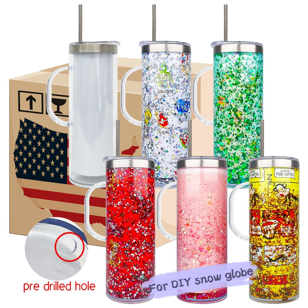 Pre Drilled Hole 20oz White Blank Sublimation Snow Globe DIY Glitter Stainless Steel Tumblers with Handle-CNLCA