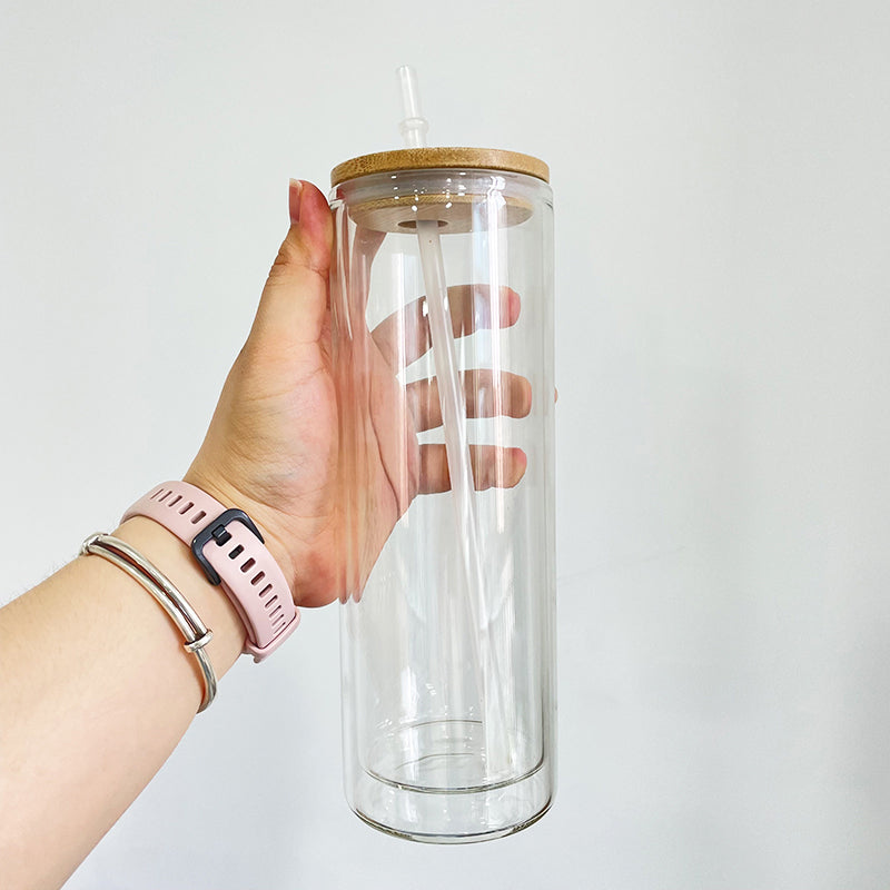 12oz 15oz 20oz Blank Sublimation Snow Globe Double Wall Glass Can With Bamboo Lid-CNLCA