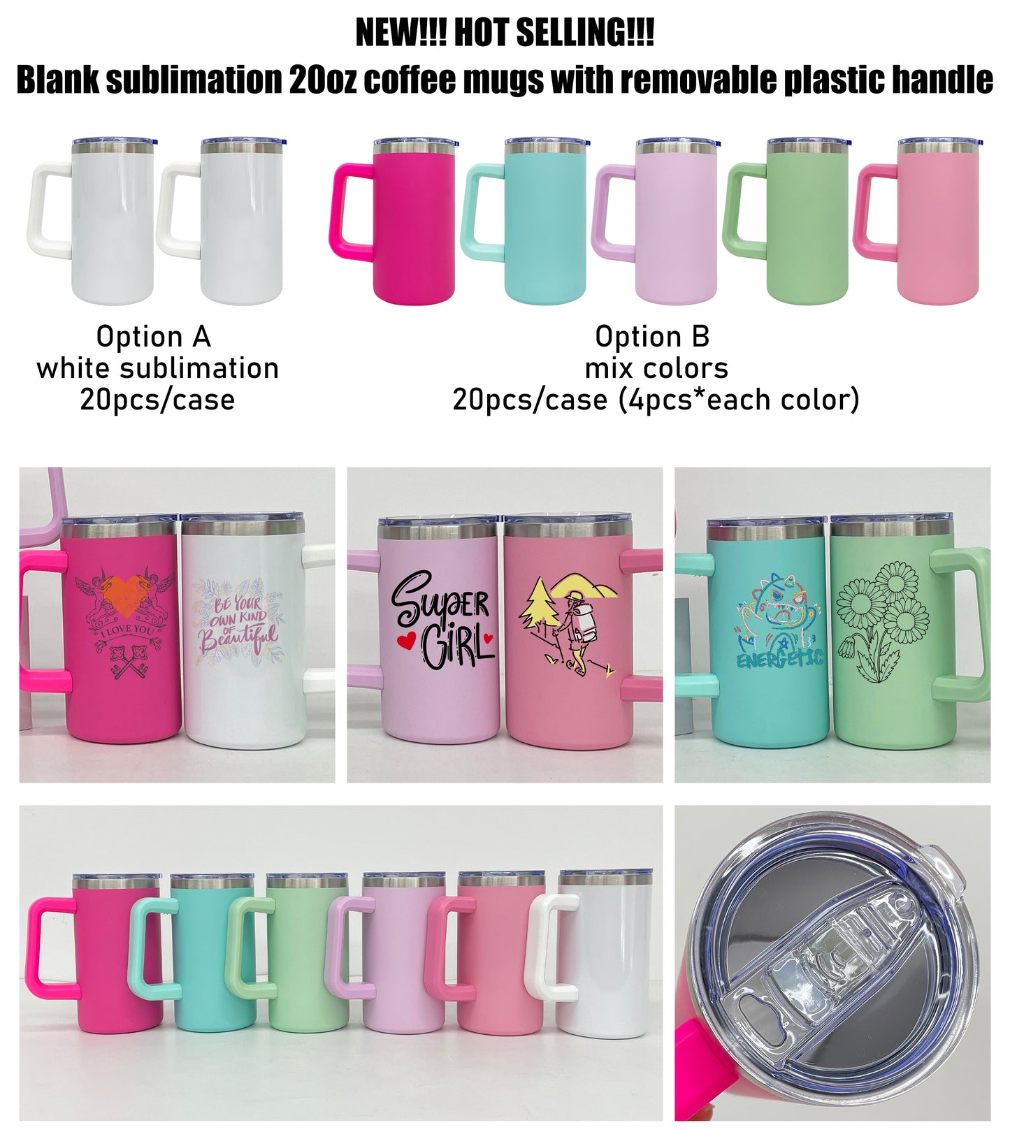 20oz Chubby Macaron White Blank Sublimation Tumbler Coffee Mug with Removable Plastic Handle-CNLCA