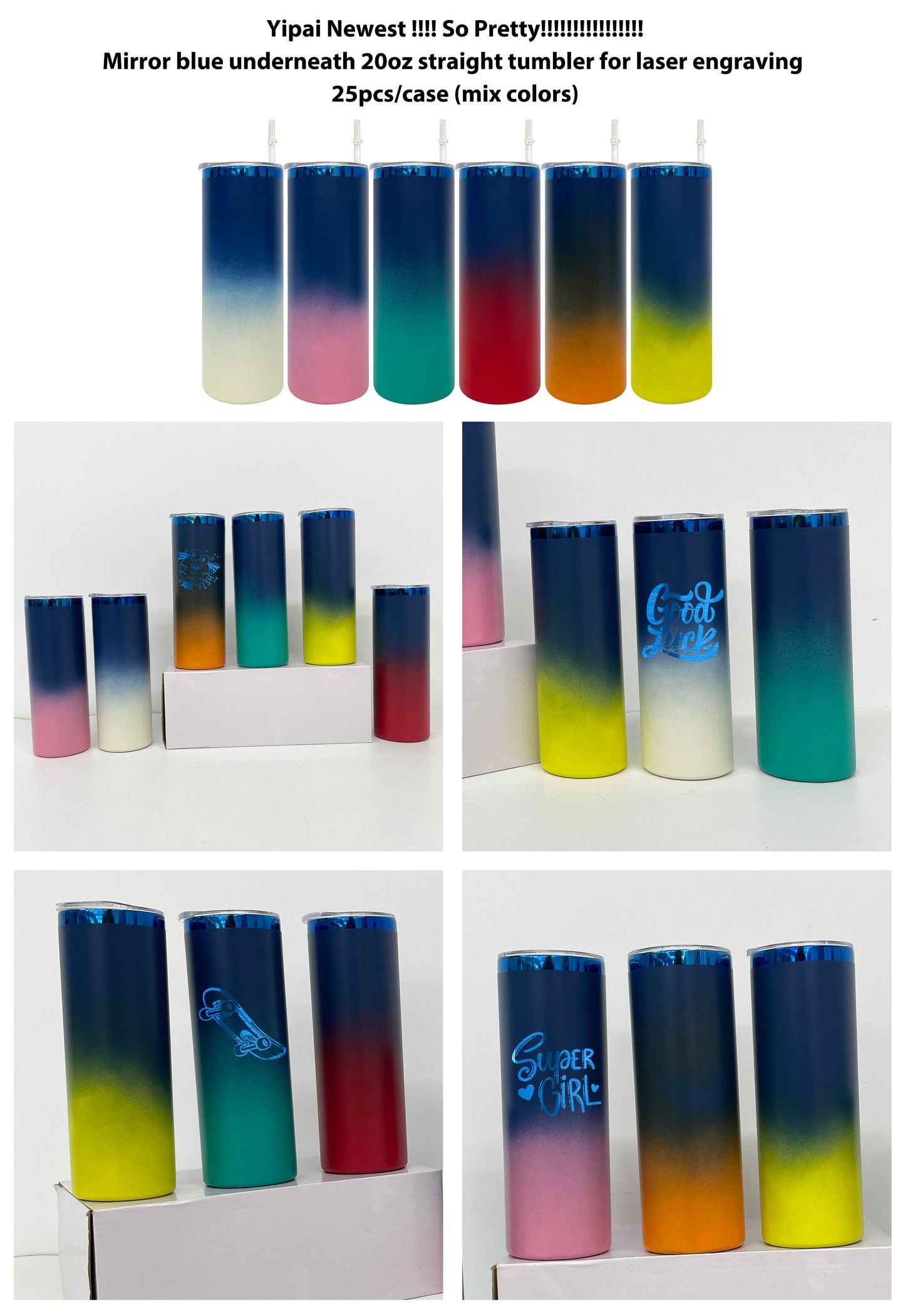 20oz Ombre Colors Blue Plated Undernetah Skinny Straight Tumbler For Laser Engrave-CNLCA