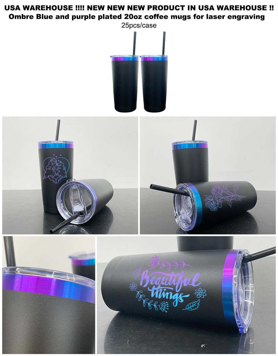 20oz Chroma Blue Purple Underneath Powder Coated Car Tumbler For Laser Engrave-CNLCA