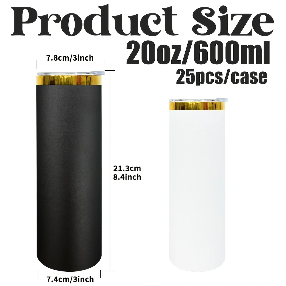 Black White Powder Coated 20oz Gold Plated Underneath Skinny Straight Tumbler For Laser Engraving-CNLCA