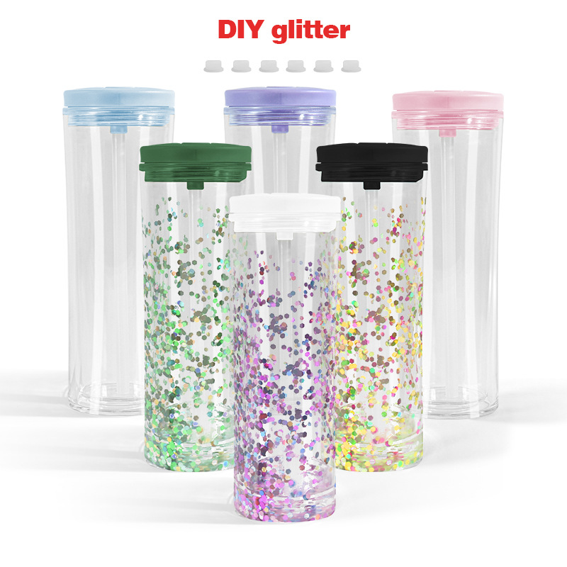 20oz Curved Flip Straw Double Wall Snow Globe Plastic Water Bottle-CNLCA