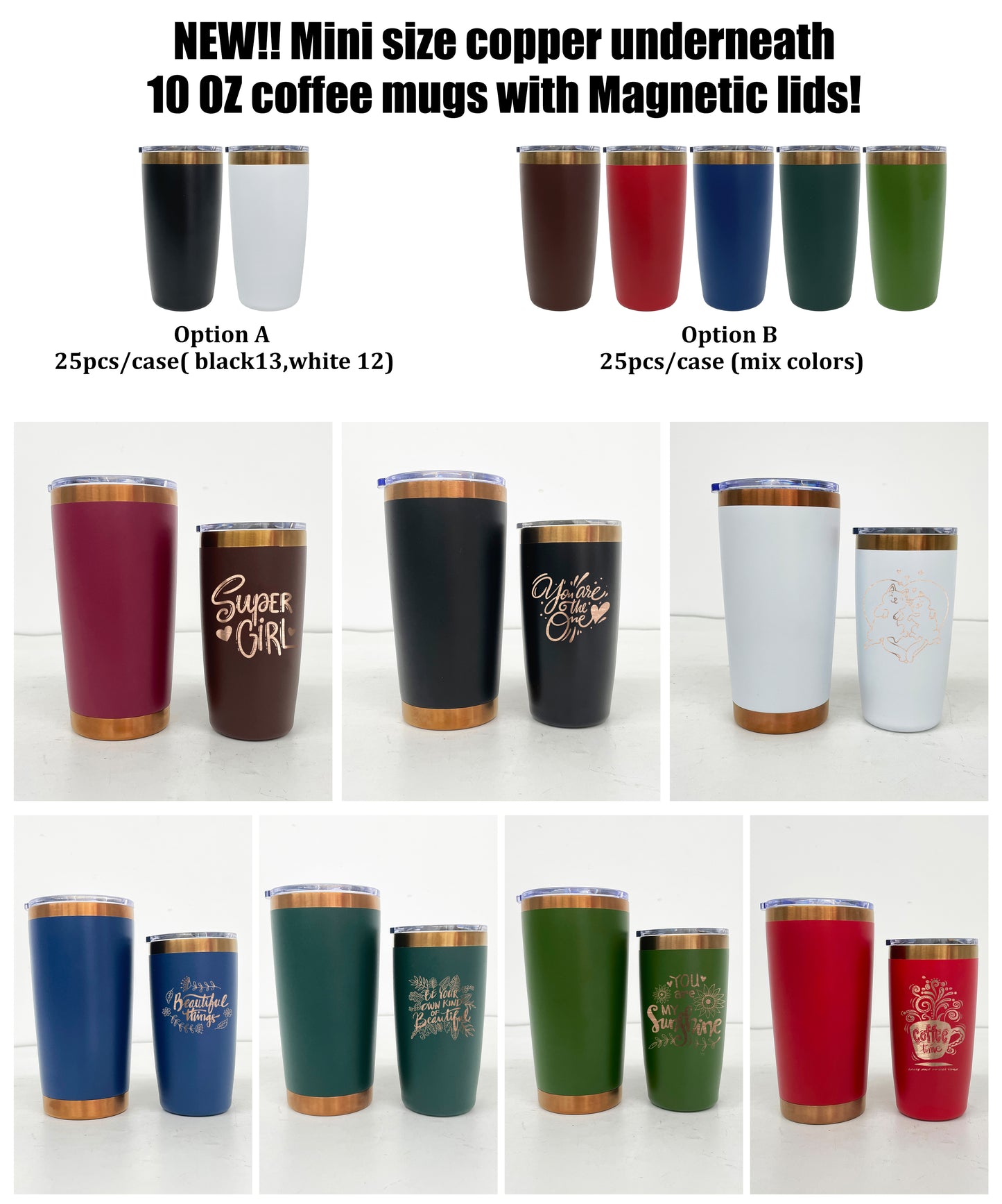 25Pack Mini Size 10oz Copper Plated Underneath Tumbler Coffee Mugs with Magnetic Lids For Laser-CNLCA