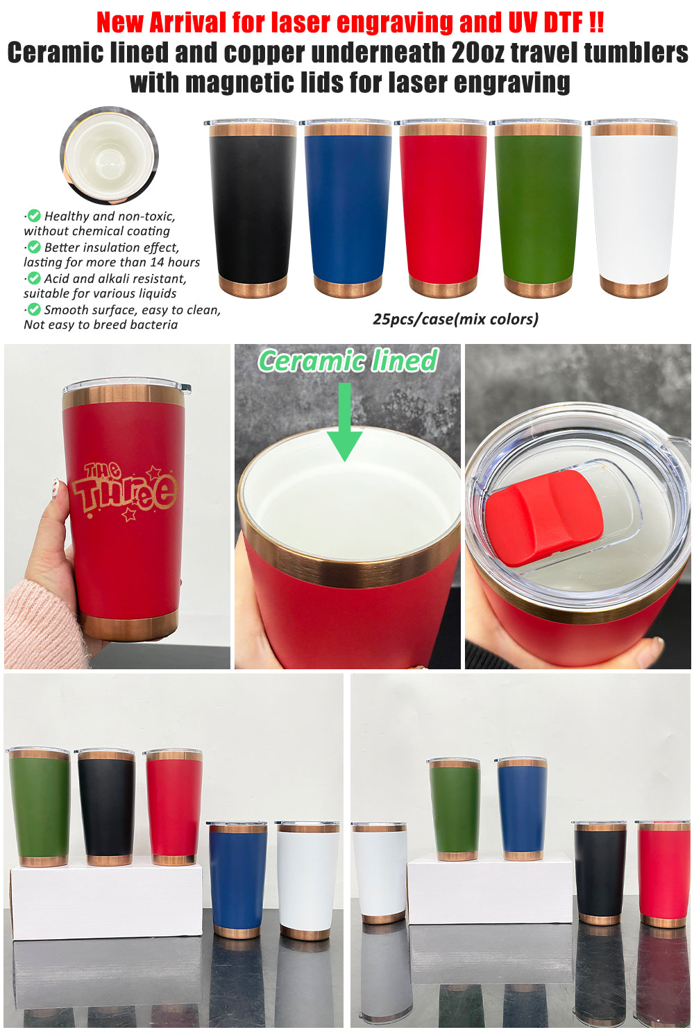 20oz Magnetic Lid Ceramic Lined Copper Plated Underneath Powder Coated Stainless Steel Car Coffee Tumbler for Laser-CNLCA