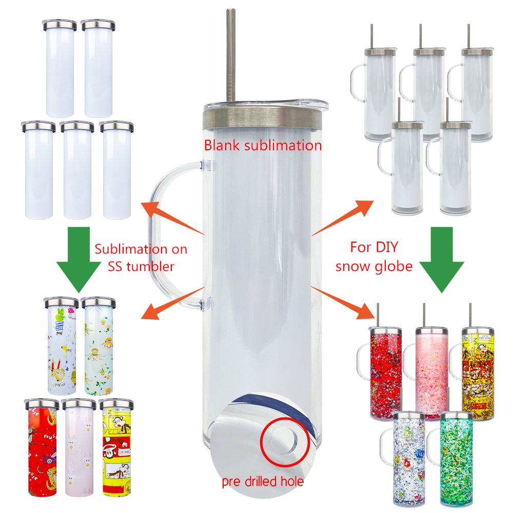 Pre Drilled Hole 20oz White Blank Sublimation Snow Globe DIY Glitter Stainless Steel Tumblers with Handle-CNLCA