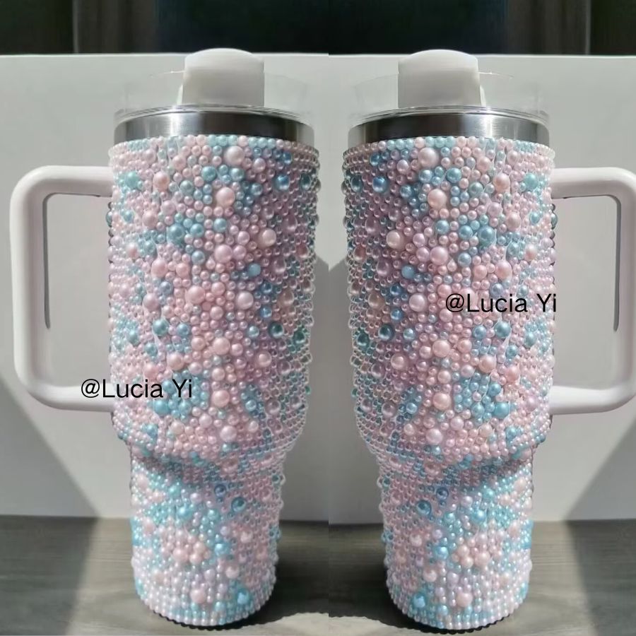 40oz H2.0 White Pink Rhinestone Pearl Bling Tumblers-CNLCA