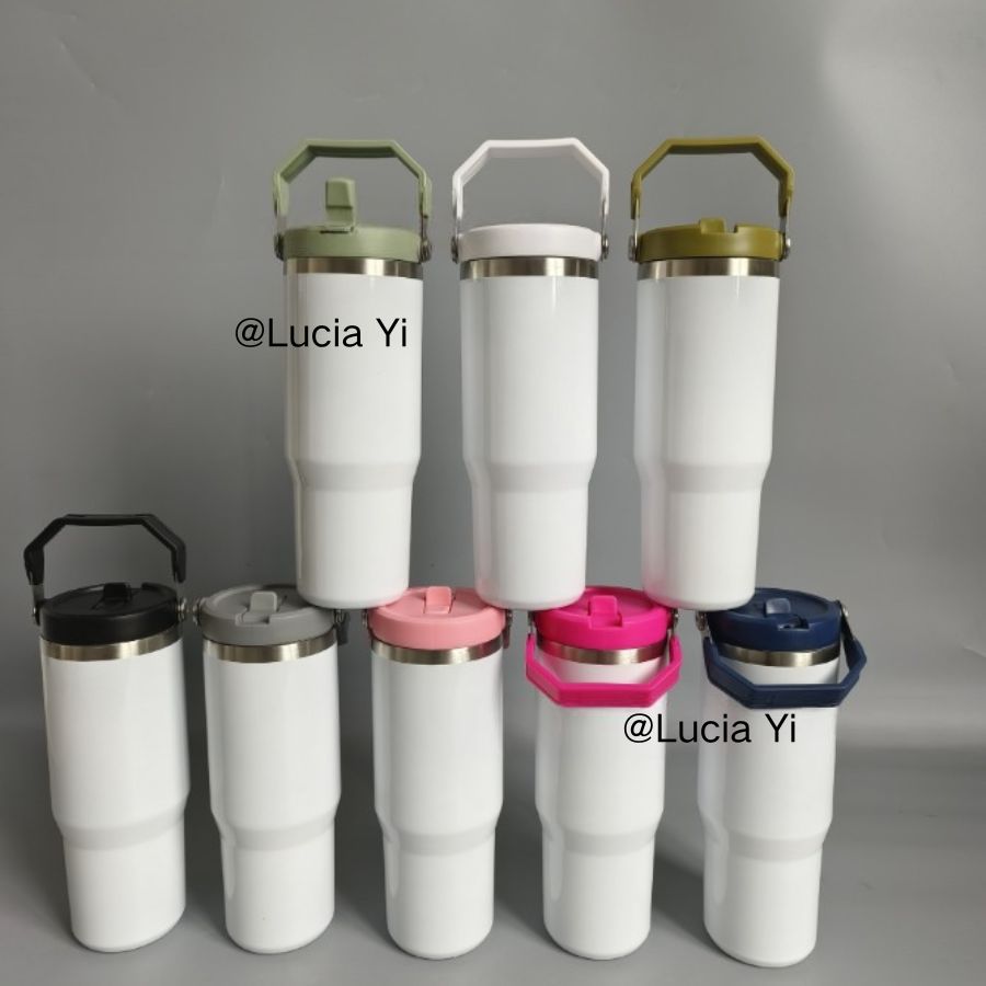 30oz White Blank Sublimation School Kids Flip Straw Tumbler Water Bottle with Color Lid-CNLCA