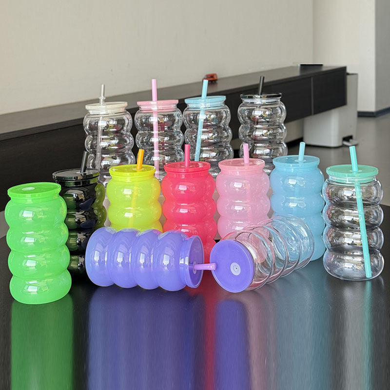 600ml Caterpillar Juice Clear Jelly Colorful Plastic Straw Cup-CNLCA
