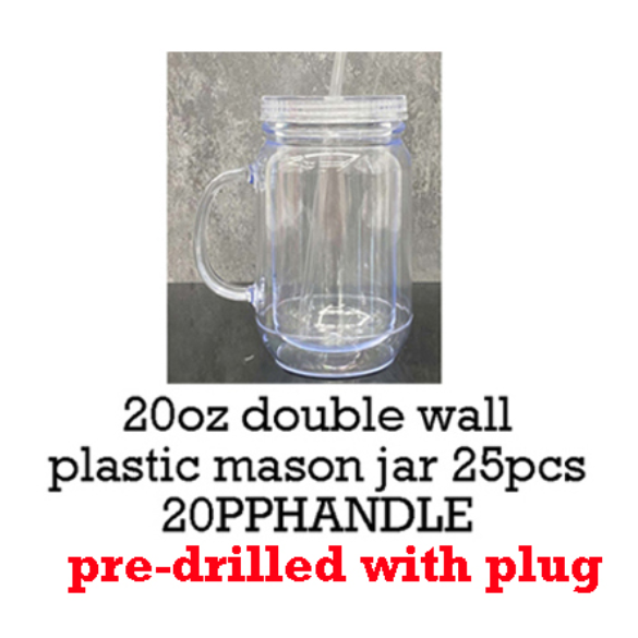 20oz Pre-drilled Double Wall Snow Globe Plastic Mason Jar With Handle and Plug-CNLCA