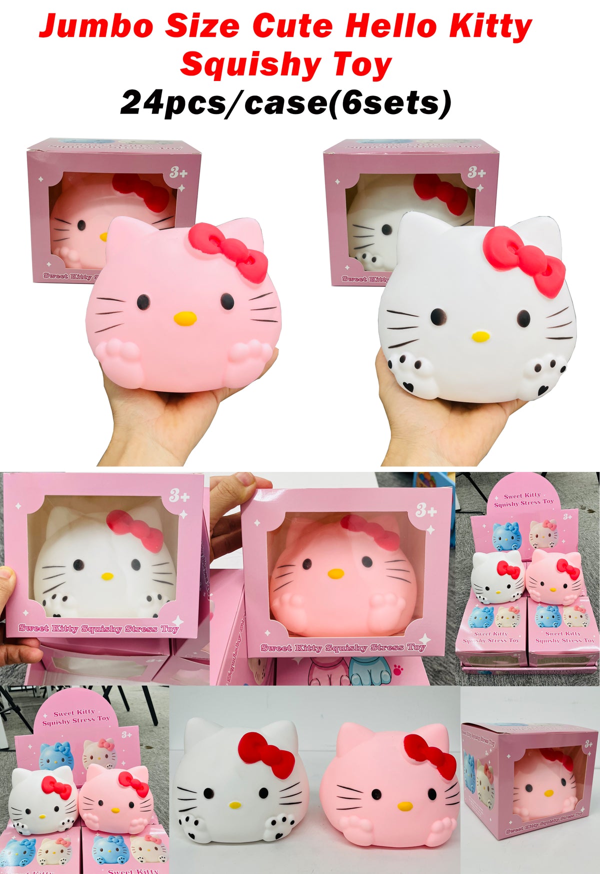 Large Kawaii Jumbo Sweet Hello Kitty Squishy Stress Toy Soft Giant Kitty Cat Squeeze Fidget Ball Anxiety Relief Gift for Girls Kids Adults-CNLCA