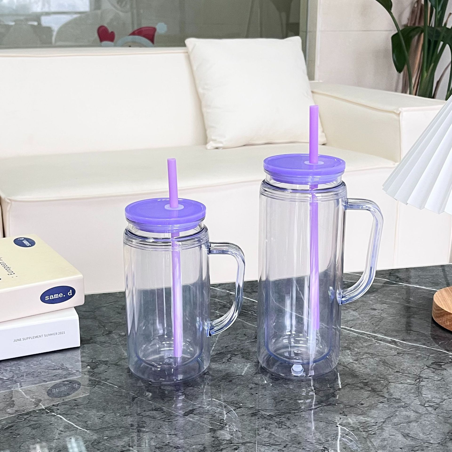 12oz 16oz Muti Color Double Wall Snow Globe Plastic Cup Tumbler with Handle Pre Drilled Hole and Plug-CNLCA