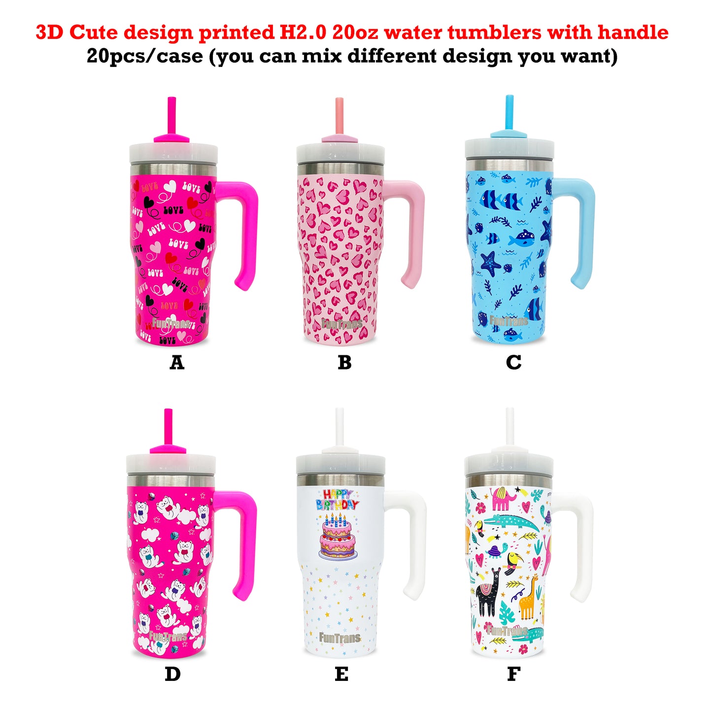 3D Cute Design Printed 20oz H2.0 Kids Tumbler Mug with Handle-CNLCA