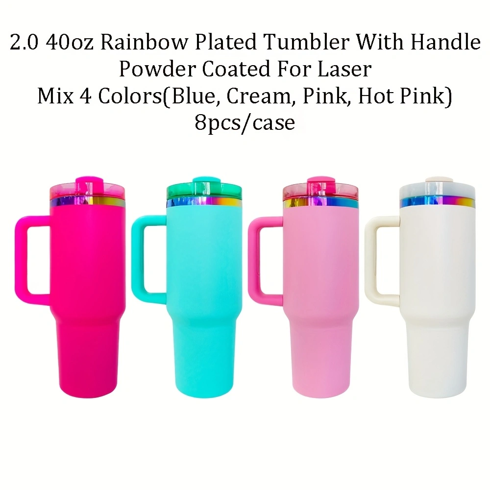 4Pack/8Pack/12Pack 40oz H2.0 Colorful Rainbow Plated Underneath Powder Coated Tumblers Travel Mugs with Handle for Laser-CNLCA