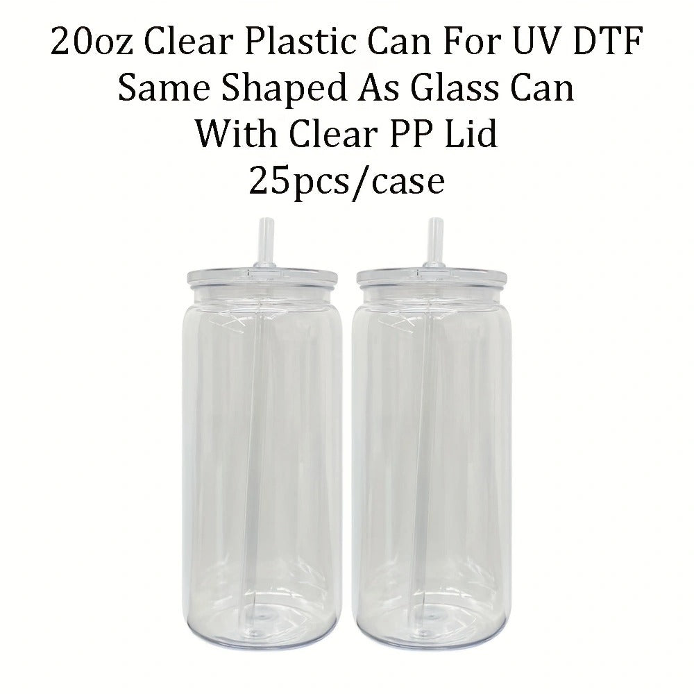 10Pack/25Pack 20oz Can Shaped Clear Transparent Plastic Can Cups With Lid With Straw For UV DTF Wrap-CNLCA