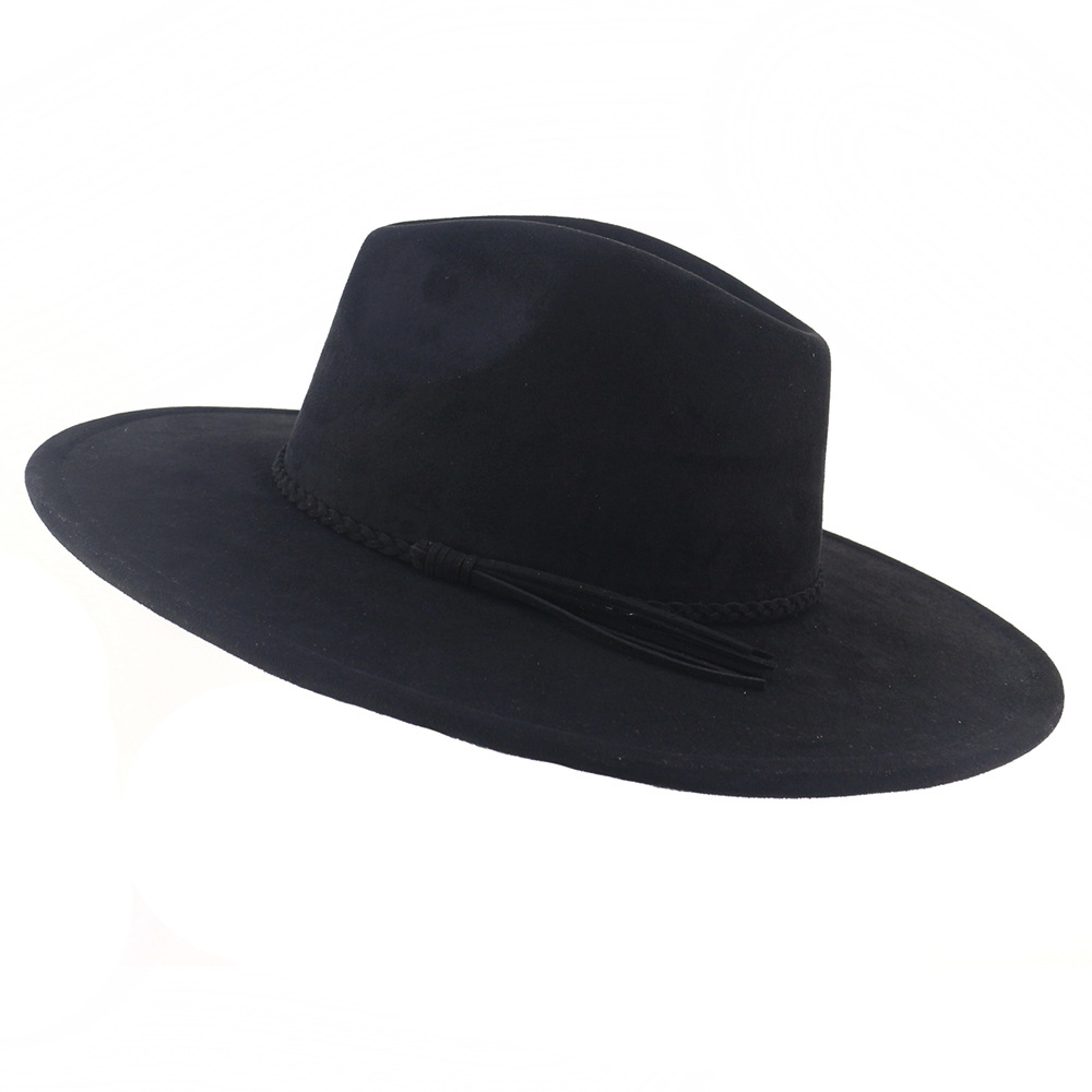 Men Women Flat Brim Jazz Hat Gentleman's Broad-brimmed Cap, Heart-shaped Top Vegan Leather Hats with Tassel for Autumn Winter-CNLCA