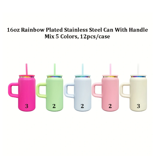 6Pack/12Pack 16oz Rainbow Plated Underneath Powder Coated Stainless Steel Metal Tumbler Cup with Handle-CNLCA