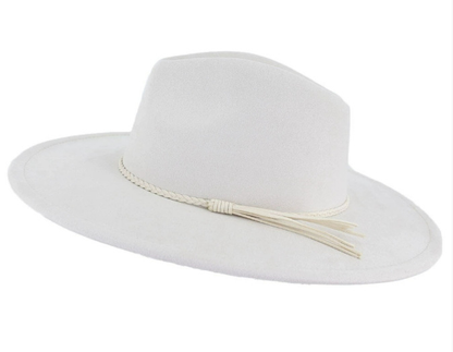 Men Women Flat Brim Jazz Hat Gentleman's Broad-brimmed Cap, Heart-shaped Top Vegan Leather Hats with Tassel for Autumn Winter-CNLCA