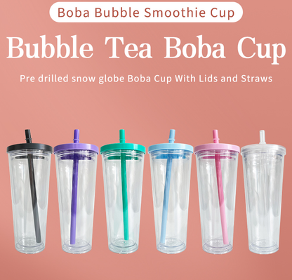 24oz Double Wall Snow Globe Boba Plastic Acrylic Tapered Cup Tumbler with Predrilled Hole-CNLCA