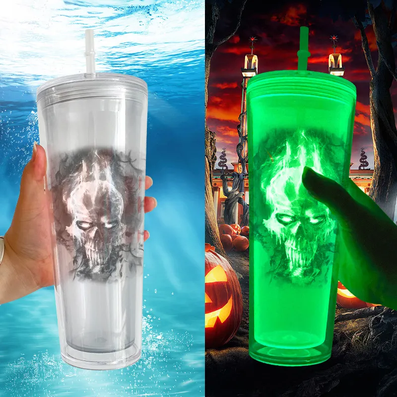 24oz Glow In Dark Double Wall Snow Globe Plastic Cup Tumbler-CNLCA