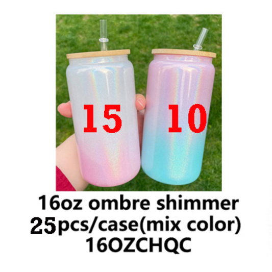 16oz Bamboo Lid Omber Color Shimmer Blank Sublimation Glass Can-USLCA