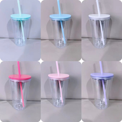 16oz Double Wall Snow Globe Tapered Plastic Cup Tumbler with Pre-drilled Hole and Plug Color Lid-CNLCA