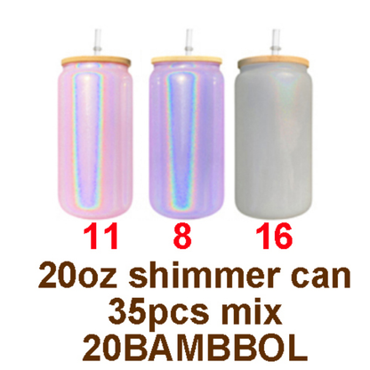 35Pack 20oz Bamboo Lid Blank Sublimation Shimmer Glitter Glass Can Tumbler-CNLCA