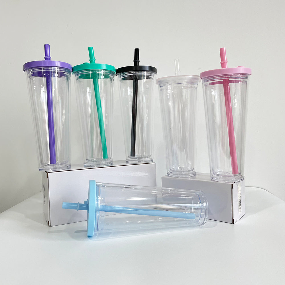 24oz Double Wall Snow Globe Boba Plastic Acrylic Tapered Cup Tumbler with Predrilled Hole-CNLCA