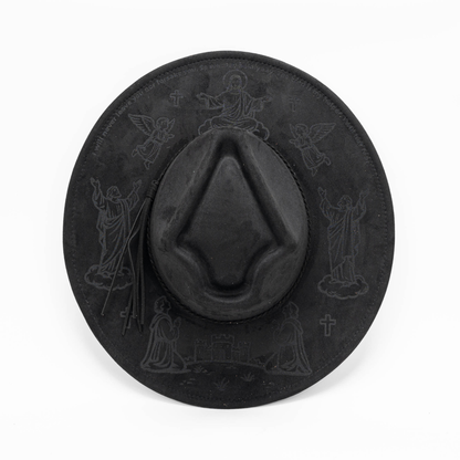 Arrow-shaped Top Broad-Brimmed Bowler Jazz Hat Vegan Leather Fedora Hats with Tassel for Laser-CNLCA