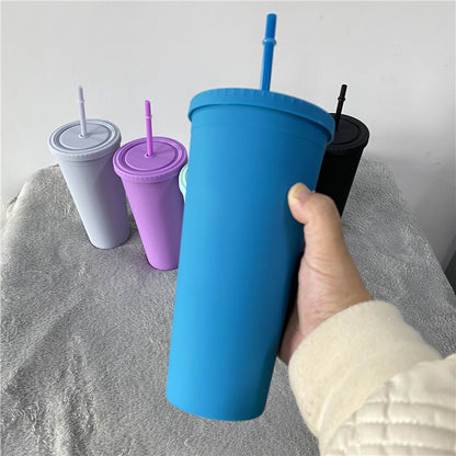 25Pack 22oz Rubber Paint Matte Color Plastic Cup Straw Water Bottle-CNLCA
