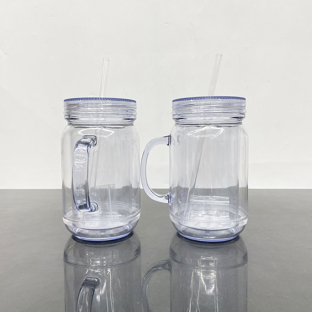 20oz Pre-drilled Double Wall Snow Globe Plastic Mason Jar With Handle and Plug-CNLCA