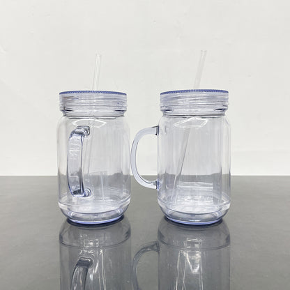 20oz Pre-drilled Double Wall Snow Globe Plastic Mason Jar With Handle and Plug-CNLCA