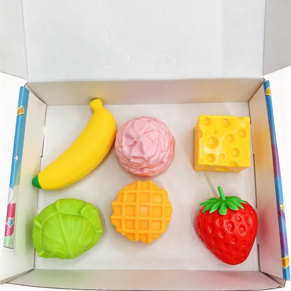 48Pcs 6 In 1 Crunchy Food Shape Squishy Toy Set Strawberry Cabbage Waffle Cheese Banana ASMR Crinkle Sound Squishies Fidget Toys-CNLCA
