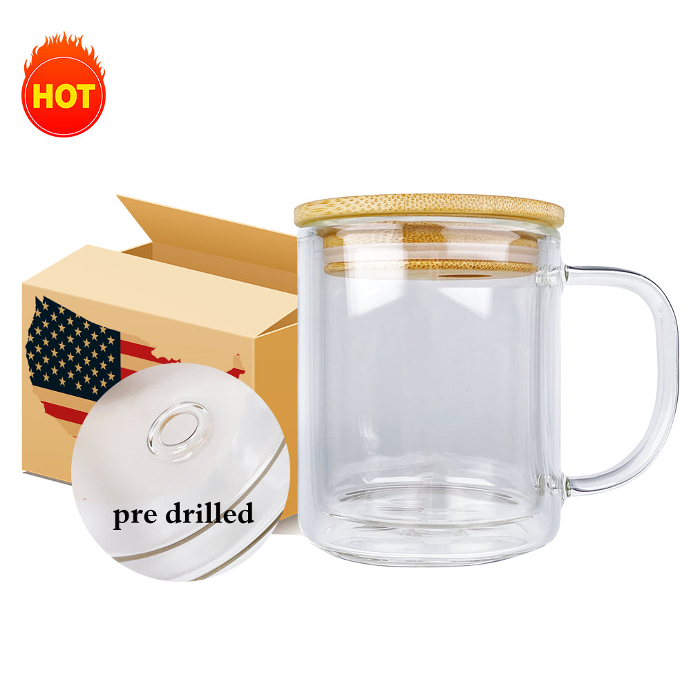 11oz Pre drilled Hole Blank Sublimation Snow Globe Double Wall Glass Cans Mugs With Bamboo Lid - USLCA