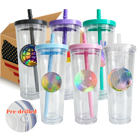 24oz Double Wall Snow Globe Boba Plastic Acrylic Tapered Cup Tumbler with Predrilled Hole-CNLCA