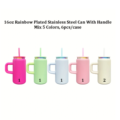 6Pack/12Pack 16oz Rainbow Plated Underneath Powder Coated Stainless Steel Metal Tumbler Cup with Handle-CNLCA