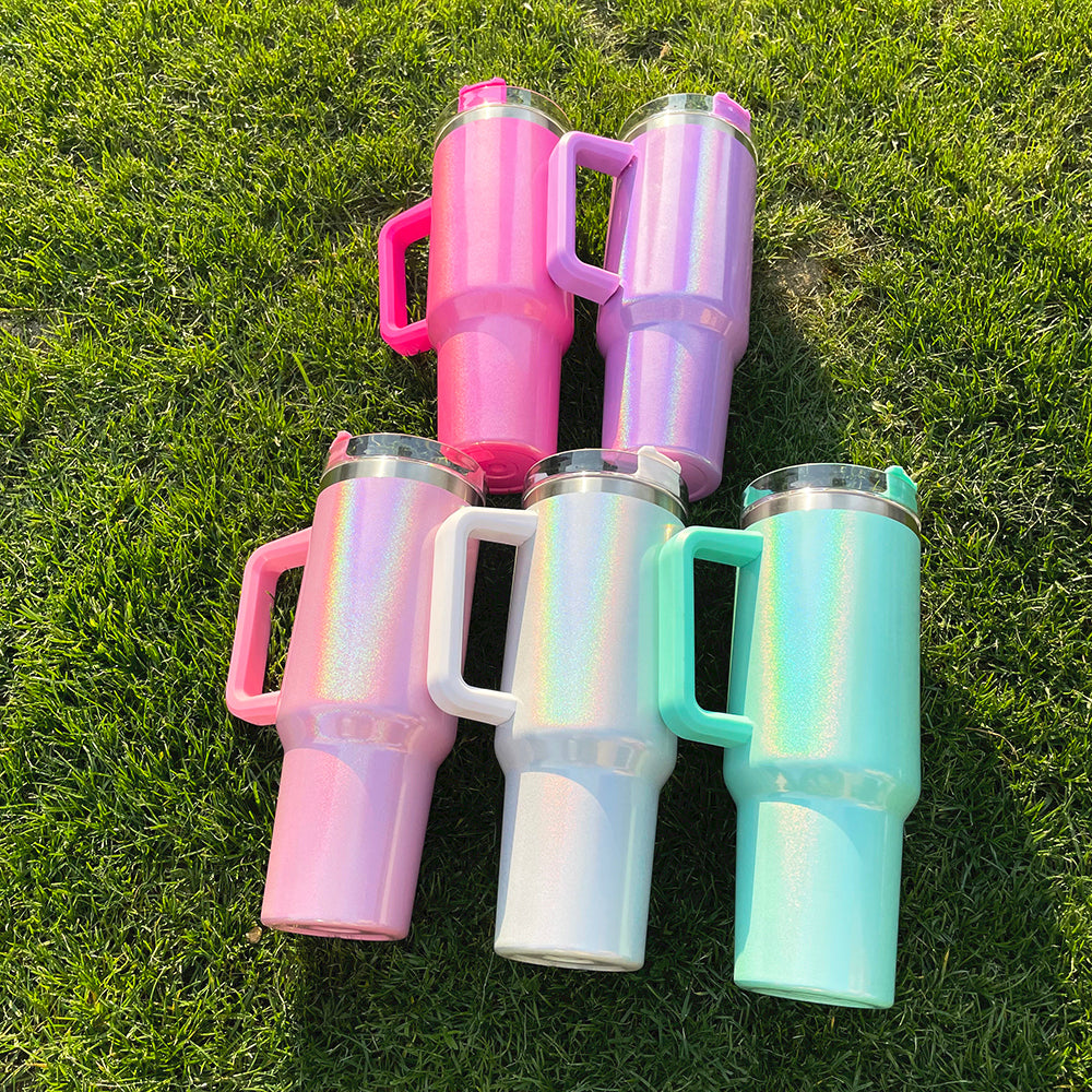 H1.0 40oz Sublimation Blanks White Colorful Rainbow Shimmer Glitter Travel Mug Tumbler With Handle-USLCA