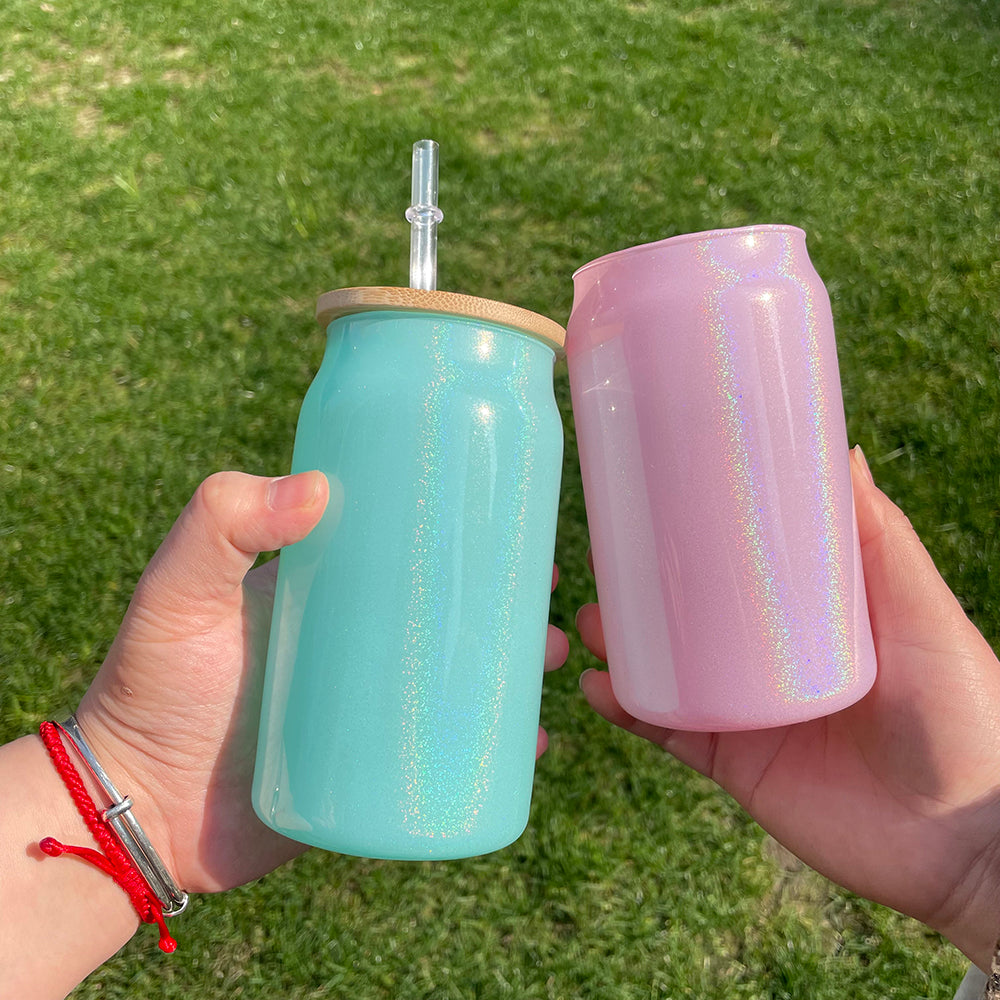 15oz Bamboo Lid Blank Sublimation Shimmer Glitter Sodium Calcium Glass Can Tumbler-CNLCA