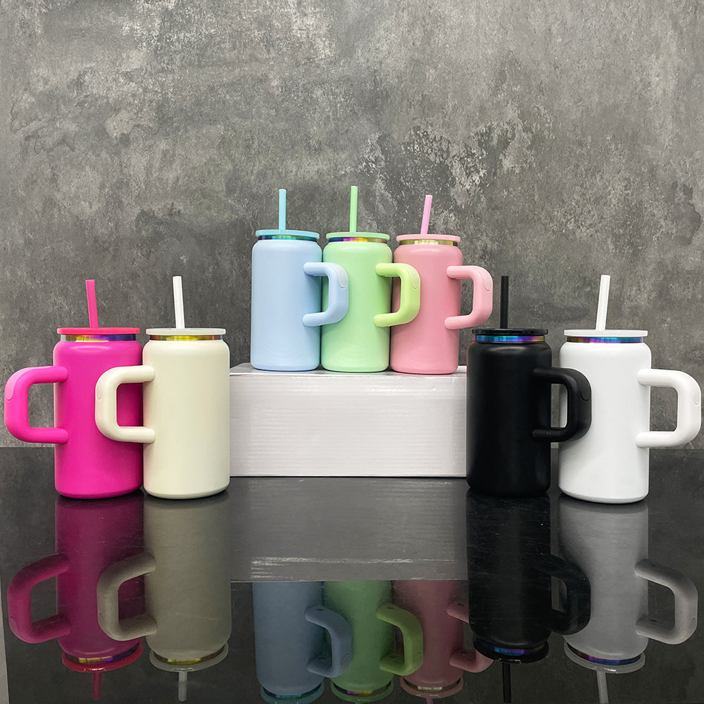 6Pack/12Pack 16oz Rainbow Plated Underneath Powder Coated Stainless Steel Metal Tumbler Cup with Handle-CNLCA