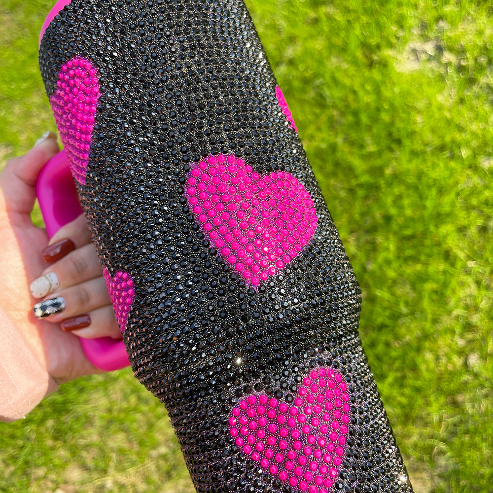 Hot Pink Black 40oz Sweet Heart Print Diamond Rhinestone Bling Stainless Steel Tumblers-CNLCA