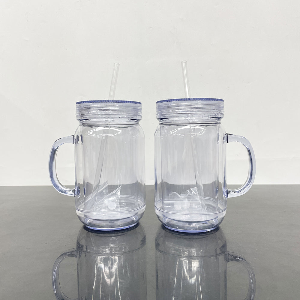 20oz Pre-drilled Double Wall Snow Globe Plastic Mason Jar With Handle and Plug-CNLCA