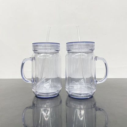 20oz Pre-drilled Double Wall Snow Globe Plastic Mason Jar With Handle and Plug-CNLCA