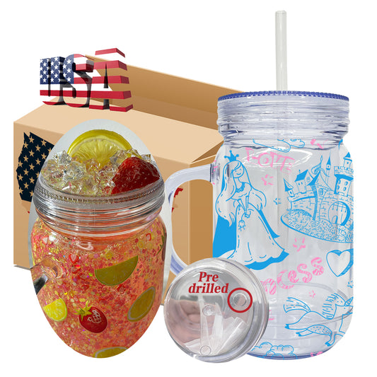20oz Pre-drilled Double Wall Snow Globe Plastic Mason Jar With Handle and Plug-CNLCA